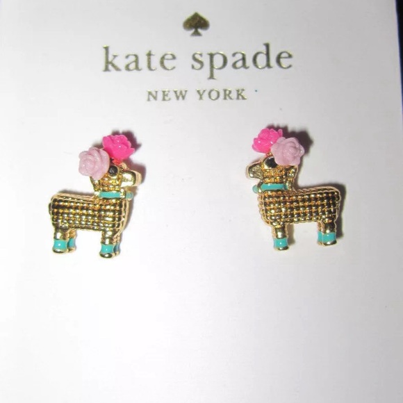 Kate Spade Lama Earrings 14KTSTS & PINK POM-POM & Turquoise Collar,Spade backs - Picture 6 of 6